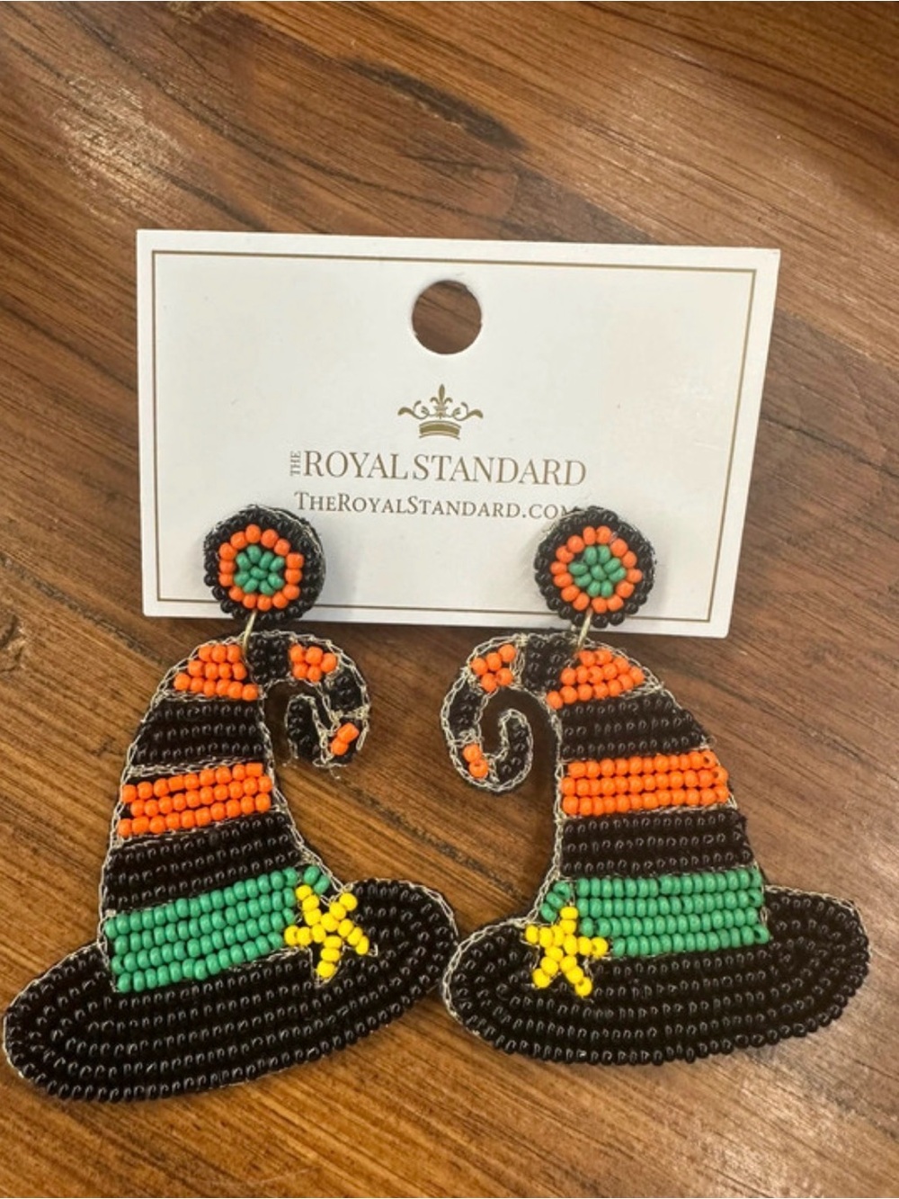 Black, Orange & Green Beaded Witch Hat  Earrings